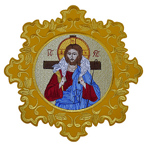 Икона вышитая Спасителя "Добрый Пастырь" на облачение, 38х38 см (черная замша с золотой вышивкой)