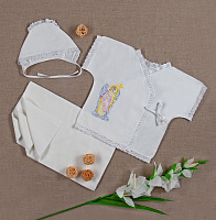 Крестильный набор из трех предметов: пеленка, распашонка, чепчик, размер 56-62 см, вышивка с ангелом