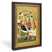 Икона Рождества Пресвятой Богородицы, в широком багете, цвет "темный дуб", на холсте, с золочением