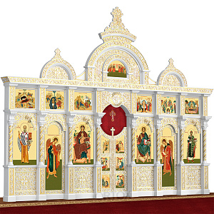 Иконостас "Владимирский" двухъярусный белый с золотом (патина), 690х528х40 см (ясень)