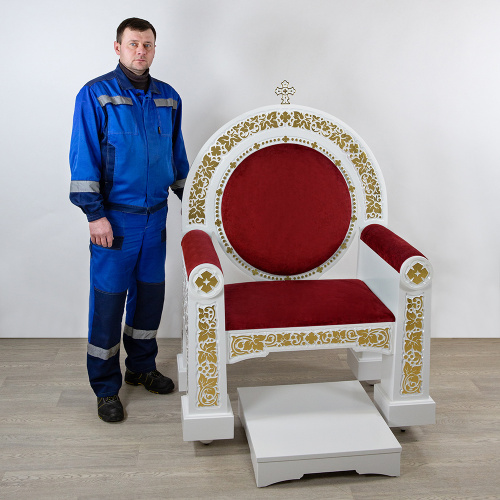 Архиерейский трон "Владимирский" белый с золотом (поталь), 104х70х149 см фото 8