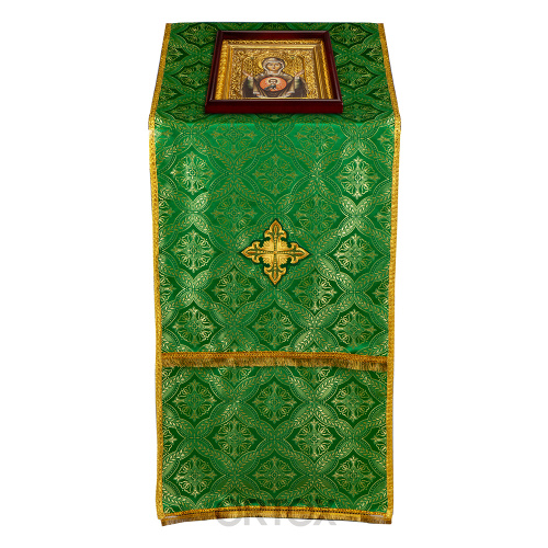 Накидка на аналой "Крест" зеленая, шелк "Лавр", золотая тесьма, бахрома, 57х204 см фото 5