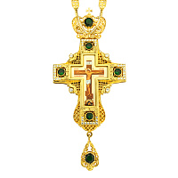 Крест наперсный из ювелирного сплава с цепью, позолота, зеленые фианиты, высота 18 см