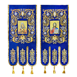 Хоругви вышитые синие, 66х138 см, комплект (атласный шелк, бахрома щетка, отделка "под золото")