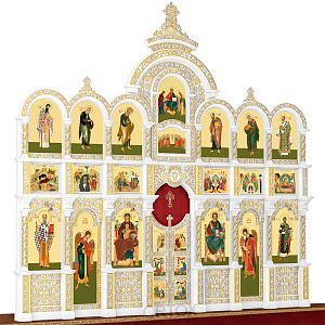 Иконостас "Владимирский" трехъярусный белый с золотом (патина), 690х620х40 см (ясень)