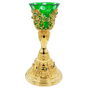 Лампада настольная латунная в позолоте с камнями (зеленый стаканчик)