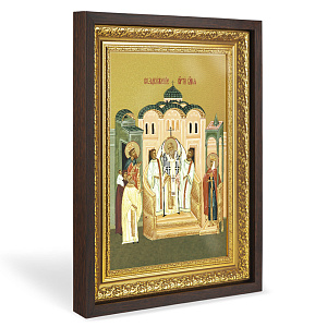 Икона Воздвижения Креста Господня, в широком багете, цвет "темный дуб", на холсте, с золочением (33,5х42,2 см (под икону А4))