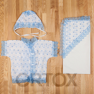 Крестильный набор из трех предметов: пеленка-уголок, распашонка, чепчик, размер 56-62 см (бело-голубой набор)