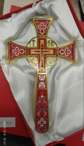 Крест требный четырехконечный, цинковый сплав, красная эмаль, камни, 17х29 см, У-0970 фото 6