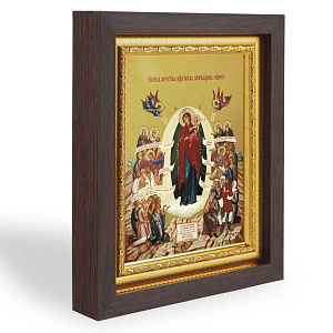 Икона Божией Матери "Всех скорбящих радость", в узком багете, цвет "темный дуб", на холсте, с золочением (14,3х17,4 см (под икону А7))
