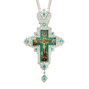 Крест наперсный серебряный, с цепью, голубые фианиты, высота 17,5 см (вес 153,57 г)