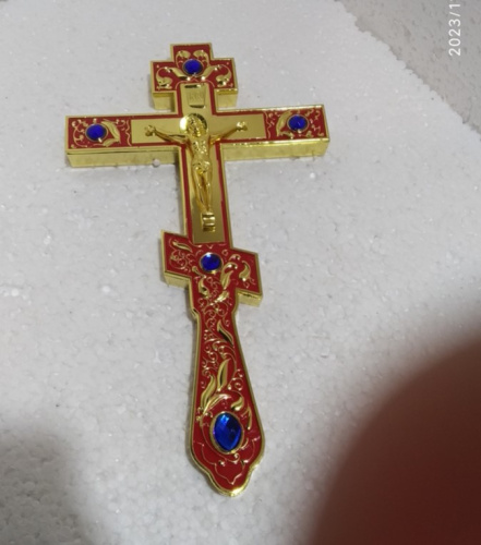 Крест напрестольный, красная эмаль, синие камни, 14,5х26 см, У-0941 фото 6