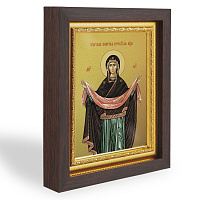 Икона Божией Матери "Покров Пресвятой Богородицы", в узком багете, цвет "темный дуб", на холсте, с золочением
