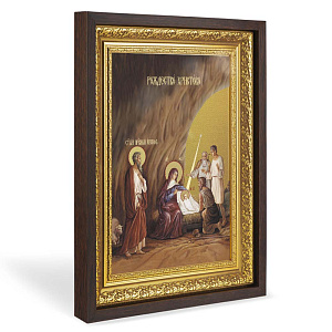 Икона Рождества Христова, в широком багете, цвет "темный дуб", на холсте, с золочением №2 (33,5х42,2 см (под икону А4))