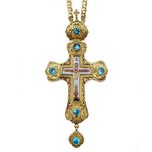 Крест наперсный латунный в позолоте с цепью, фианиты, 6,6х14 см (голубые фианиты)