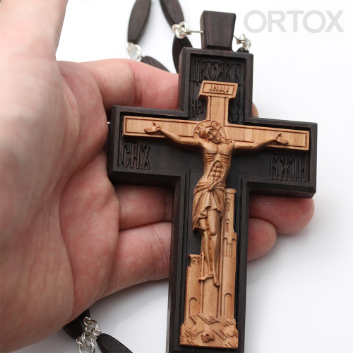Крест наперсный протоиерейский деревянный резной, с цепью, 7х12 см фото 3