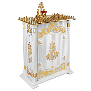 Панихидный стол на 100 свечей "Суздальский" белый с золотом (поталь), тумба, резьба, 85х46х100 см (без дверки)