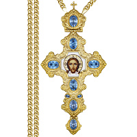 Крест наперсный из ювелирного сплава в позолоте с цепью, деколь, фианиты, 8х16,5 см