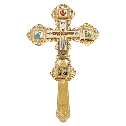 Крест напрестольный из ювелирного сплава в позолоте, белые фианиты, 20,5х35 см