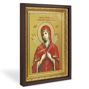 Икона Божией Матери "Семистрельная", в широком багете, цвет "темный дуб", на холсте, с золочением (33,5х42,2 см (под икону А4))