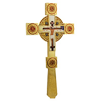 Крест напрестольный из ювелирного сплава в позолоте с фианитами и эмалью, 17,5х34 см