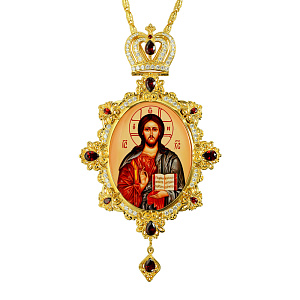 Панагия с иконой Спасителя 10х18 см, с цепью, красные и белые камни (позолота)