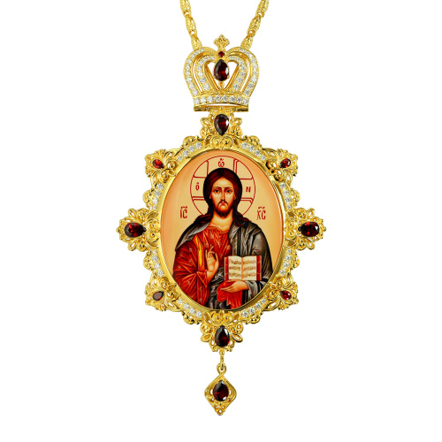 Панагия с иконой Спасителя 10х18 см, с цепью, красные и белые камни