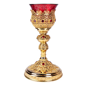 Лампада напрестольная из ювелирного сплава в позолоте с камнями, 14,5х24 см (красный стаканчик)