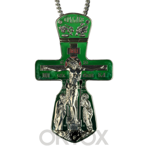 Крест наперсный "Голгофа" серебряный с эмалью и цепью, высота 14 см фото 2