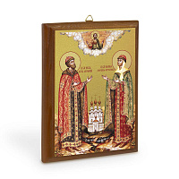 Икона благоверных князей Петра и Февронии Муромских на деревянной основе, цвет "кипарис", на холсте с золочением