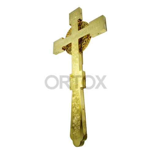 Крест напрестольный из ювелирного сплава в позолоте с фианитами и эмалью, 17,5х34 см фото 2