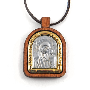 Образок деревянный с ликом Божией Матери "Казанская" из мельхиора в серебрении (средний вес 3 г)