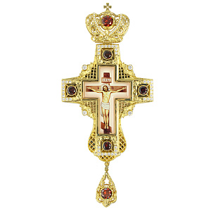 Крест наперсный из ювелирного сплава с позолотой и фианитами, 8,5х18 см (без цепи, красные и белые фианиты)