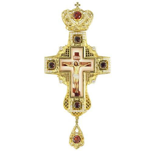 Крест наперсный из ювелирного сплава с позолотой и фианитами, 8,5х18 см фото 2