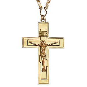 Крест наперсный латунный в позолоте с цепью, 7,5х12 см (литье)