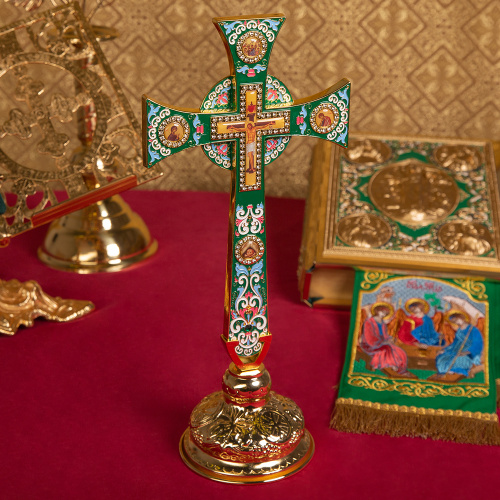 Крест требный четырехконечный, зеленая эмаль, камни, 17х29 см фото 11