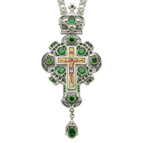 Крест наперсный серебряный, зеленые фианиты, с цепью, высота 15 см