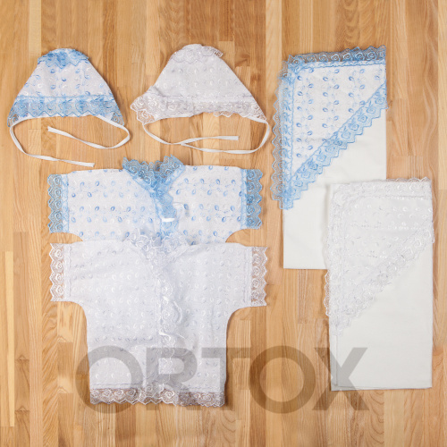 Крестильный набор из трех предметов: пеленка-уголок, распашонка, чепчик, размер 56-62 см фото 7