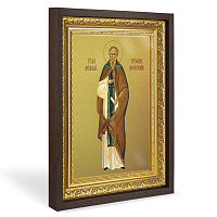 Икона преподобного Трифона Печенгского, в широком багете, цвет "темный дуб", на холсте, с золочением 