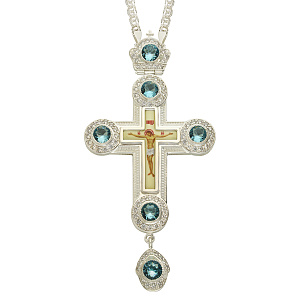 Крест наперсный серебряный с цепью, фианиты (цветная печать)