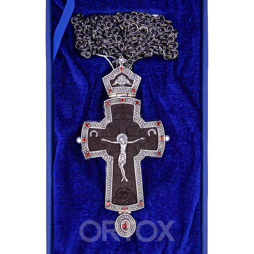 Крест наперсный из ювелирного сплава, серебрение, эбеновое дерево, с цепью, 6,5х14,5 см фото 4