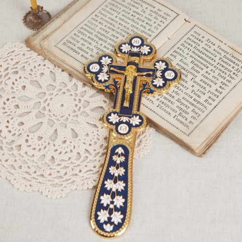 Крест требный, цинковый сплав, синяя и белая эмаль, 10х22,5 см фото 5