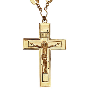 Крест наперсный латунный в позолоте с цепью, литье, 7,5х12 см (средний вес 171 г)