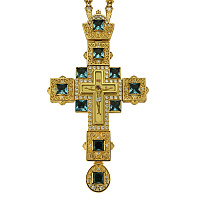 Крест наперсный из ювелирного сплава с цепью, позолота, голубые фианиты, высота 17 см