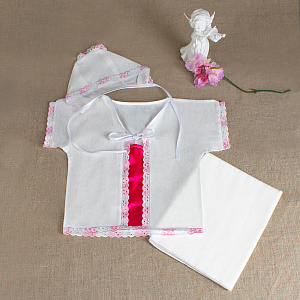 Крестильный набор из трех предметов: пеленка, распашонка, чепчик, размер 56-62 см, бязь (белый набор)