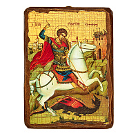 Икона великомученика Георгия Победоносца на коне, под старину, 13х17 см, У-1228