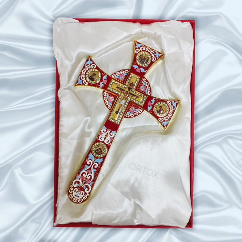 Крест требный четырехконечный, красная эмаль, камни, 17х29 см фото 10