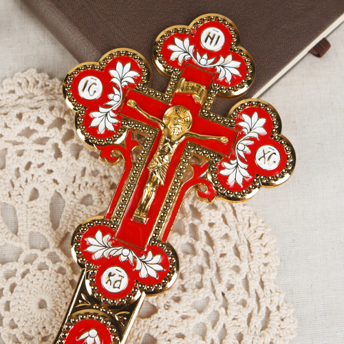 Крест требный, цинковый сплав, красная и белая эмаль, 10х22,5см фото 7