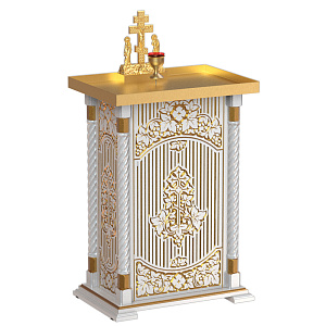 Панихидный стол песковой "Суздальский" белый с золотом (патина), тумба, резьба, высота 100 см (70х50х100 см, без дверки)