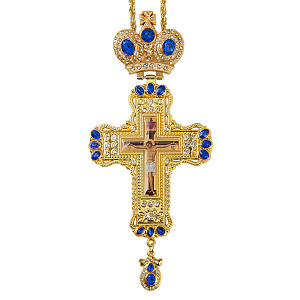 Крест наперсный с цепью, цинковый сплав, камни, 8х18,5 см (синие камни)